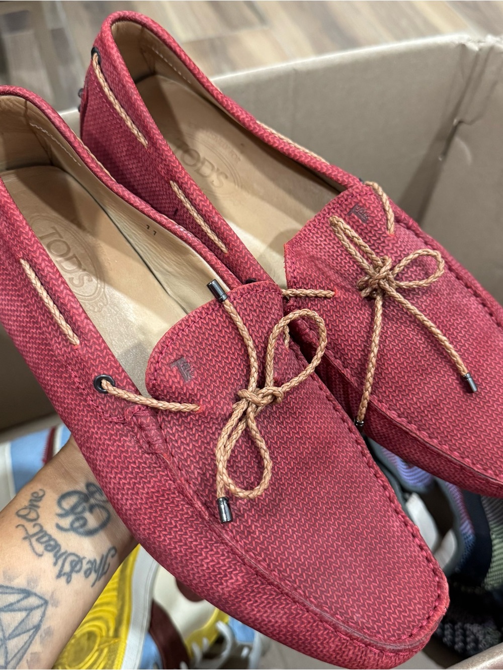 100% AUTH Tod's Red Canvas Driving Loafers with Tan Laces